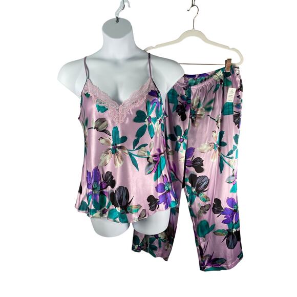 Linea Donatella Pajamas Womens Large Botanical Lavender Satin Lace Cami Capris - Picture 1 of 8